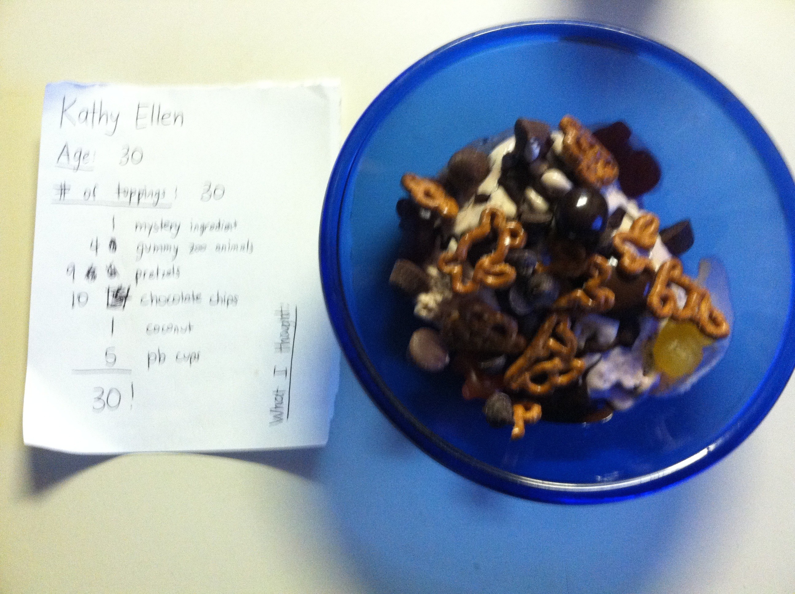 My ice cream and list. I forgot to mention we melted chocolate and poured it over the top...then it solidified. Yummy!