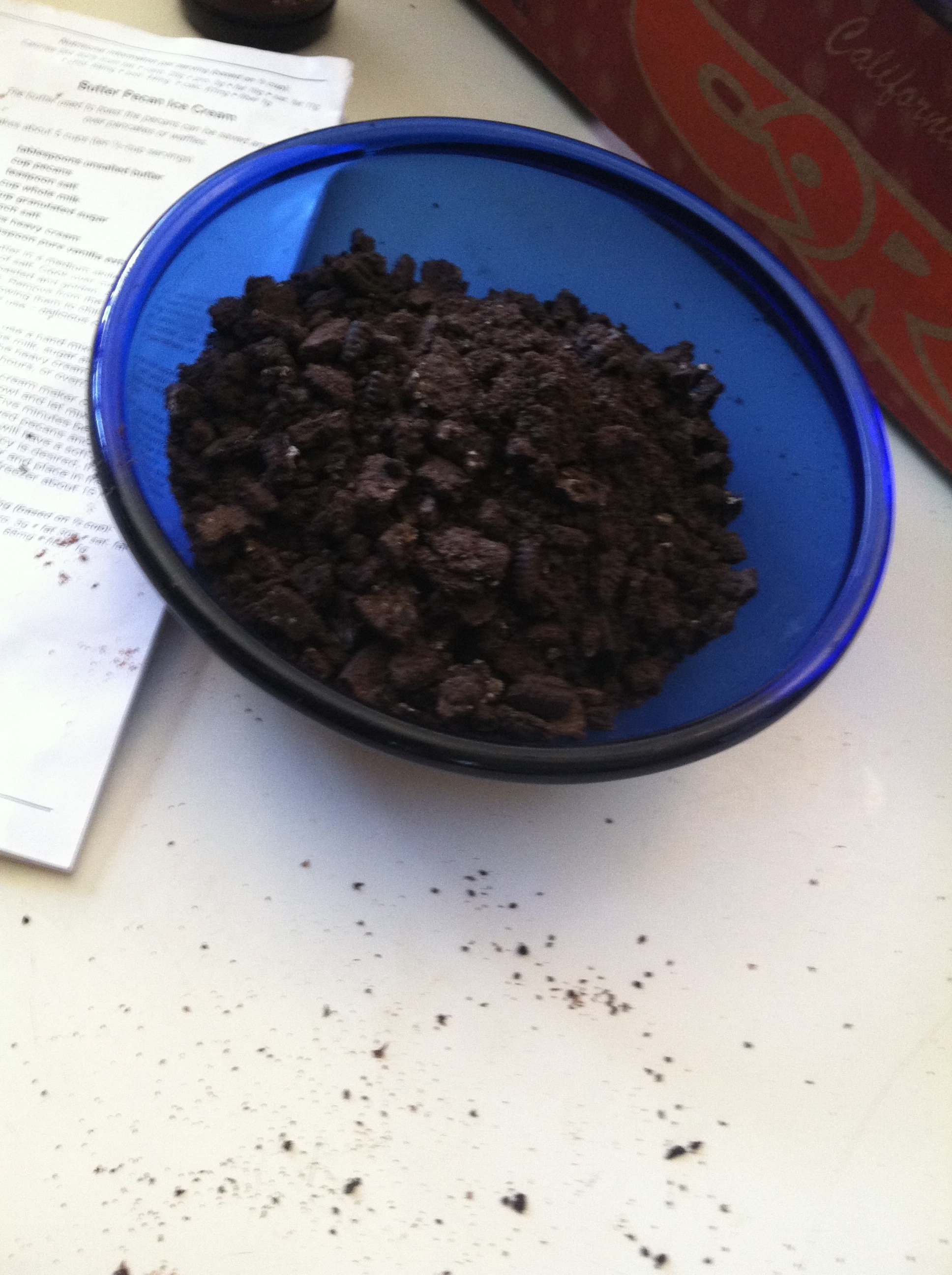 And crumbling up oreo cookies, as well as mixing cream, milk, cocoa powder, and the like.